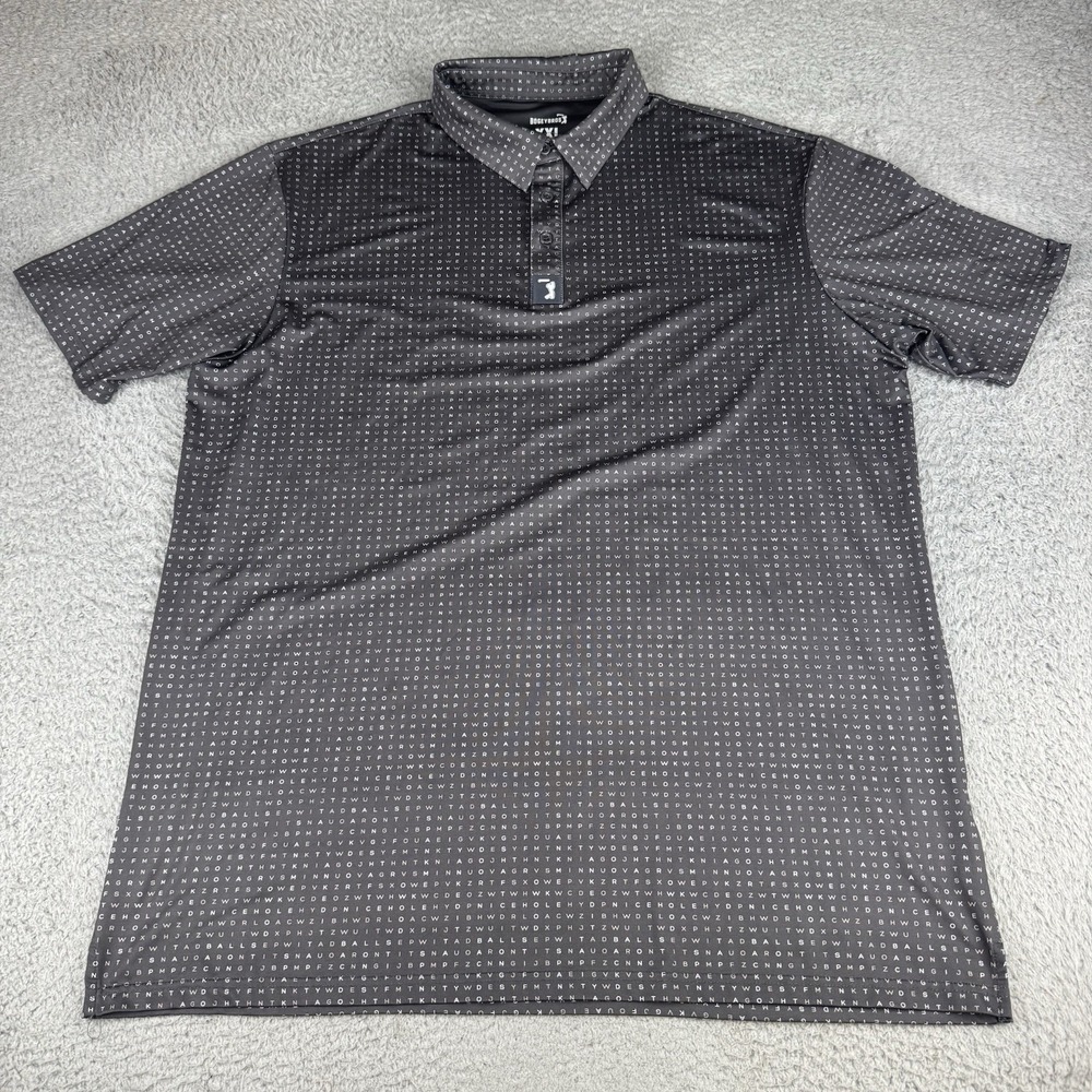 Bogey Bros Polo Shirt Mens XXL Gray Golf Word Search All Over Print Stretch